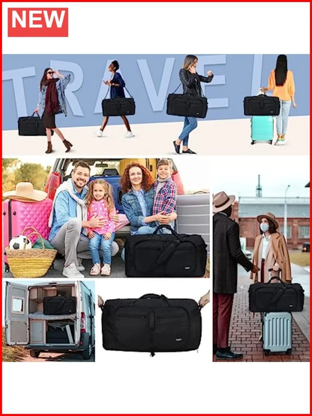 65L Foldable Travel Duffel Bag with Shoe Compartment, Water Repellent